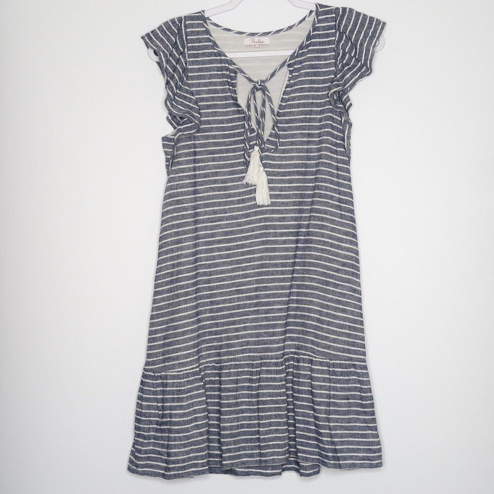 Parker Womens Blue White Stripe Ruffle Sleeve Lined Short Shift Dress Size XS